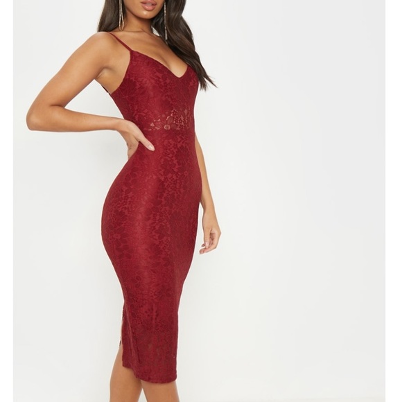 burgundy lace midi dress
